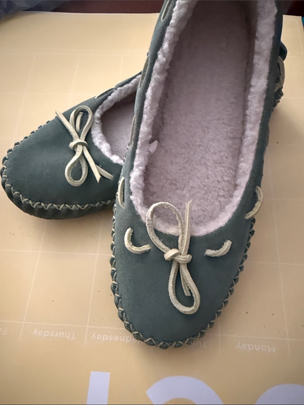 L.L. Bean Olive Green Suede Fleece-Lined Moccasin Slippers